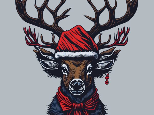 Christmas deer wearing santa hat t shirt vector file
