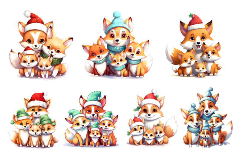 Cute Foxs With Christmas Santa Hat. Stickers.