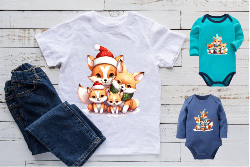 Cute Foxs With Christmas Santa Hat. Stickers.