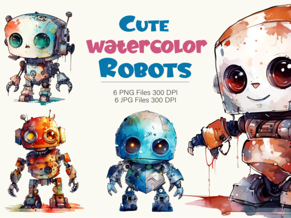 Cute watercolor robots. tshirt sticker.