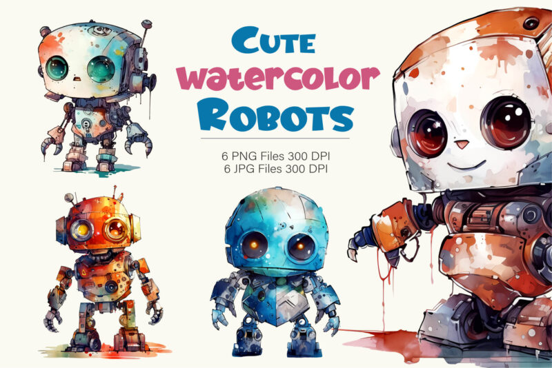 Cute Watercolor Robots. TShirt Sticker.