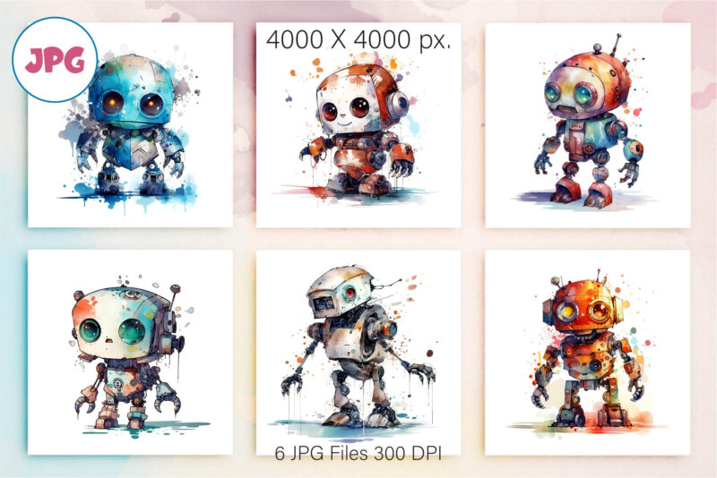 Cute Watercolor Robots. TShirt Sticker.