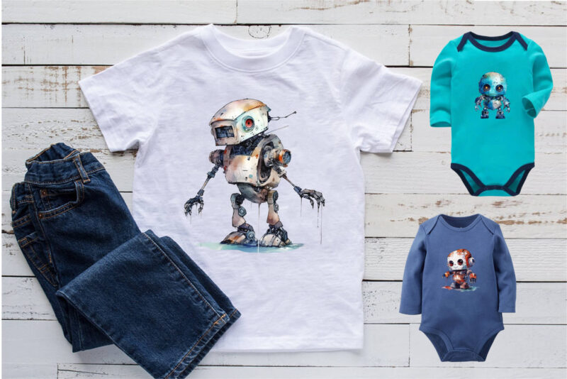 Cute Watercolor Robots. TShirt Sticker.