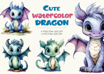 Cute Watercolor Dragon. TShirt Sticker.