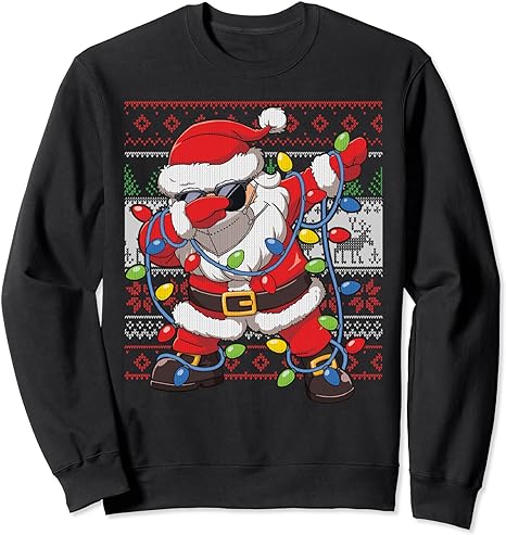 Dabbing Santa Facemask Sunglasses Ugly Christmas Tree Lights Sweatshirt