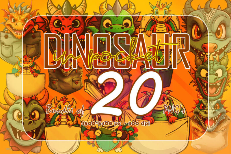 Dinosaur In Pocket Illustration Clipart 20 PNG Bundle