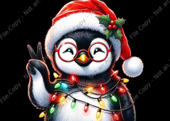 Peace Sign Hand Penguin Christmas PNG, Christmas Lights PNG, Baby Cute Penguin PNG, Penguin Xmas PNG t shirt illustration