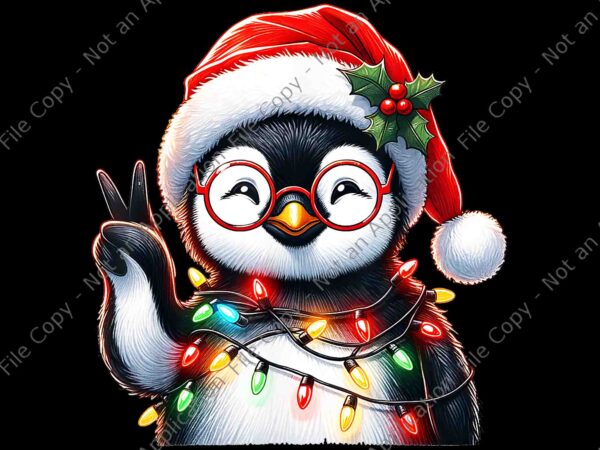 Peace sign hand penguin christmas png, christmas lights png, baby cute penguin png, penguin xmas png t shirt illustration