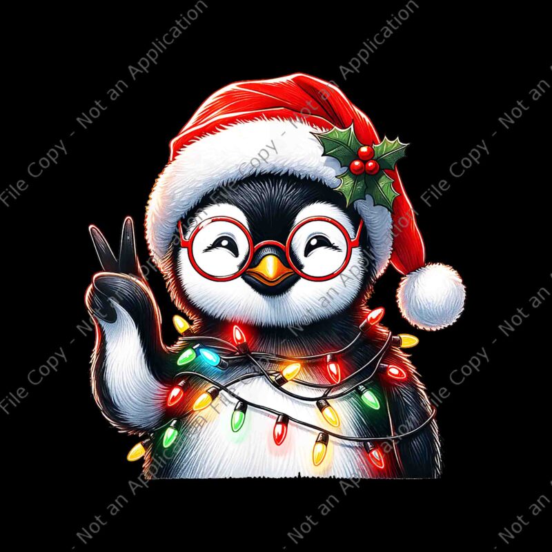 Peace Sign Hand Penguin Christmas PNG, Christmas Lights PNG, Baby Cute Penguin PNG, Penguin Xmas PNG