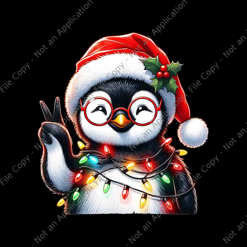 Peace Sign Hand Penguin Christmas PNG, Christmas Lights PNG, Baby Cute Penguin PNG, Penguin Xmas PNG