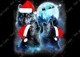 Three Wolves Howling Under Moon Christmas Png, Santa Wolf Png, Wolf Xmas Png, Wolf Hat Santa Png