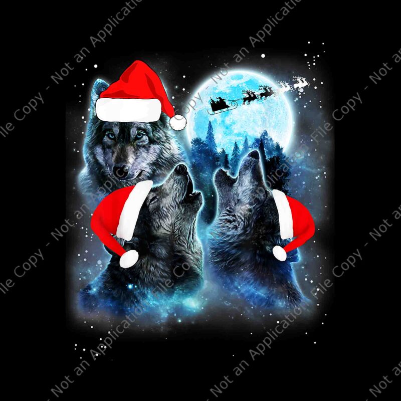 Three Wolves Howling Under Moon Christmas Png, Santa Wolf Png, Wolf Xmas Png, Wolf Hat Santa Png