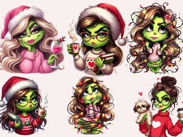 Funny 9 grinc green girl christmas sublimation lights png design bunlde