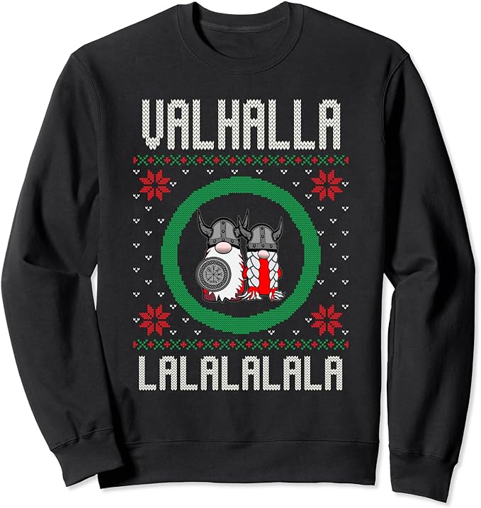 Funny Viking Gnome Couple Valhalla la la la Ugly Christmas Sweatshirt
