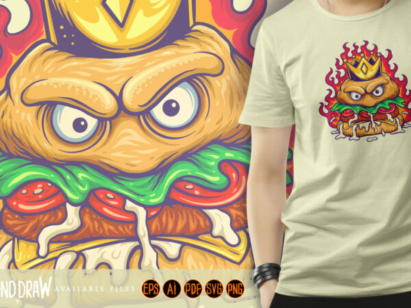 Funny flames crowned spiciness burger t shirt graphic design
