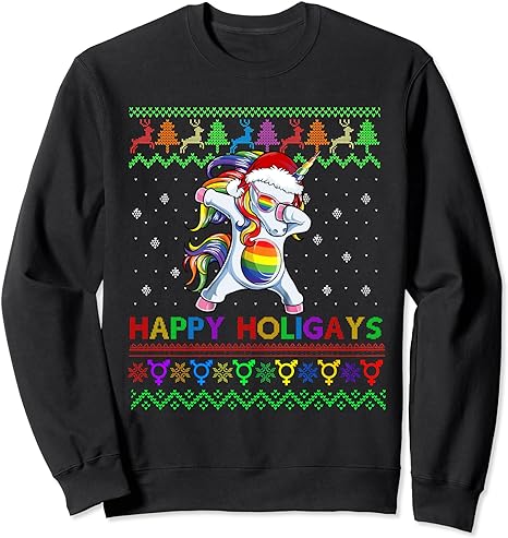 Gay Christmas Sweater Happy Holigays Rainbow Dabbing Unicorn Sweatshirt
