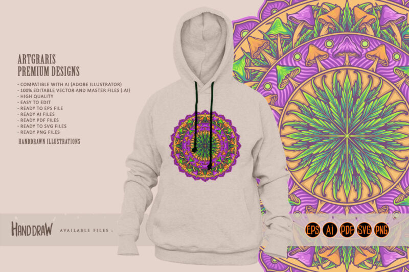 Mushrooms lotus weed leaf mandala ornament