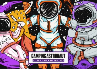 Camping astronaut cartoon t shirt designs vector bundle