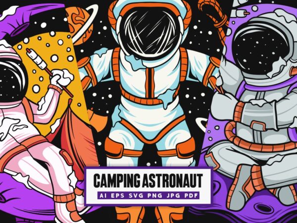 Camping astronaut cartoon t shirt designs vector bundle