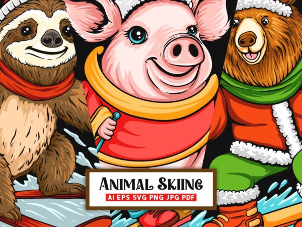 Animals skiing t-shirt designs bundle, cartoon animal t shirt design