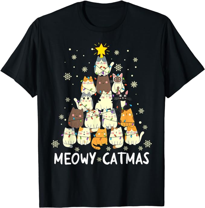 Meowy Catmas Cat Christmas Tree Xmas Girls Boys Funny Santa T-Shirt