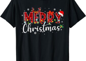 Merry Christmas Buffalo Plaid Red Santa Hat Xmas Pajamas T-Shirt
