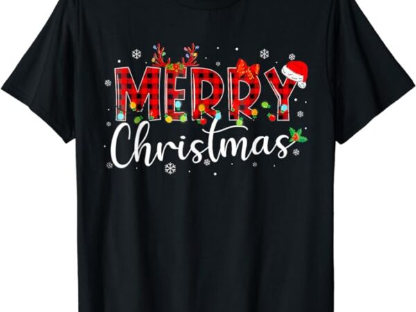 Merry christmas buffalo plaid red santa hat xmas pajamas t-shirt