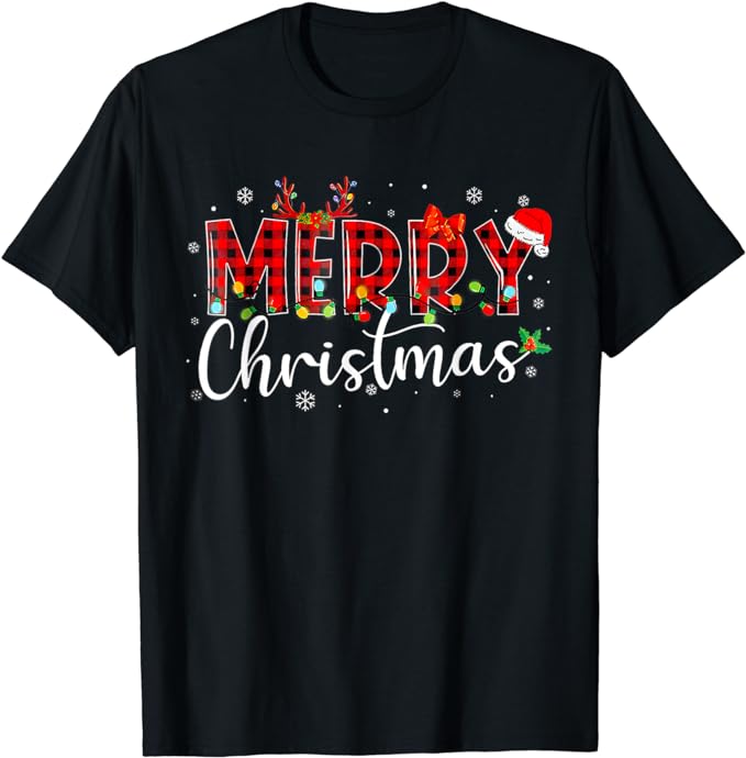 Merry Christmas Buffalo Plaid Red Santa Hat Xmas Pajamas T-Shirt