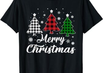 Merry Christmas Tree Xmas Buffalo Plaid Red White Green T-Shirt