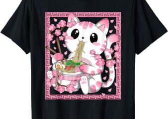 Pink Kawaii Cat Ramen Noodles Anime Japanese Cherry Blossom T-Shirt