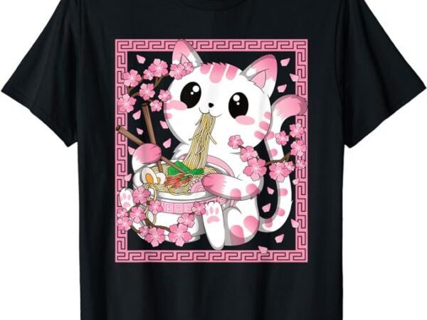 Pink kawaii cat ramen noodles anime japanese cherry blossom t-shirt