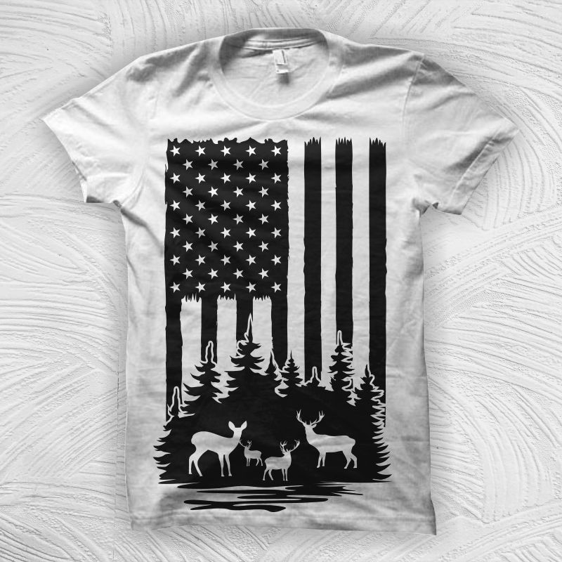 Deer and American Flag t shirt design, American flag with deer svg, hunting deer on forest svg, US Flag with deer hunting design for sale