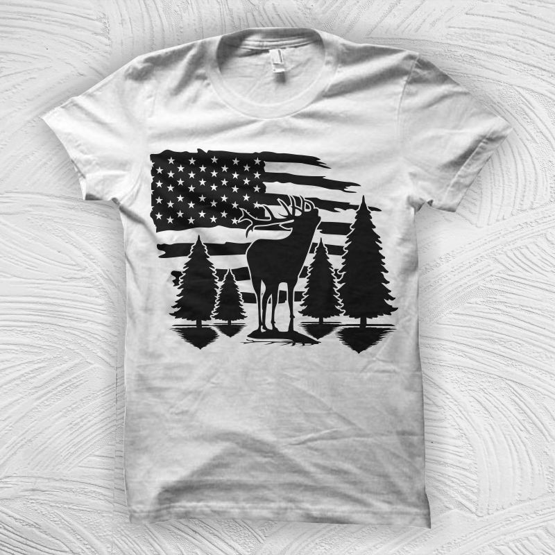 US Hunting deer vector illustration, American flag with deer t shirt design, hunting deer on forest svg