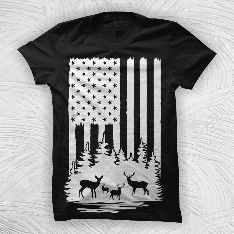 Deer and American Flag t shirt design, American flag with deer svg, hunting deer on forest svg, US Flag with deer hunting design for sale