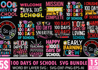 100 Days Of School T-Shirt Design Bundle, 100 Days Of School SVG Bundle, Teacher SVG Bundle, Happy 100 Days Of School T-Shirt Design , 100