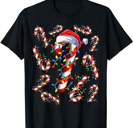 Red and white candy cane santa christmas funny xmas lights t-shirt