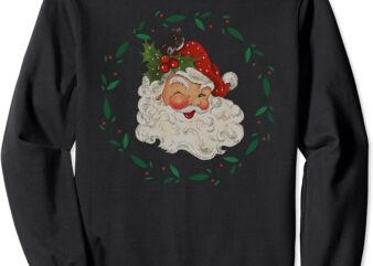 SANTA CLAUS CHRISTMAS WREATH, CUTE VINTAGE XMAS WOMEN’S Sweatshirt