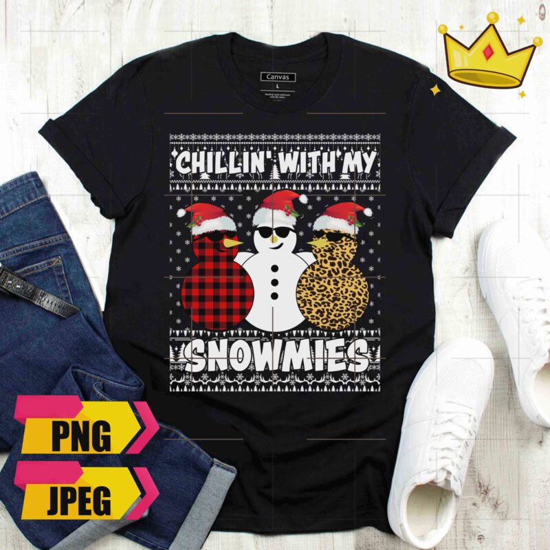 Chillin’ With My Snowmies Three Snowman Leopard Ugly Sweater Design PNG Shirt