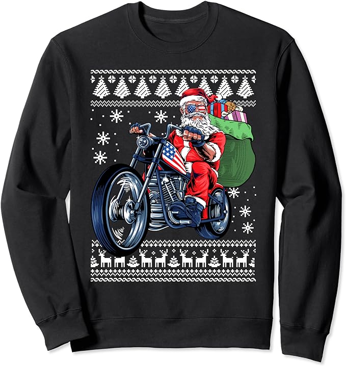 Santa Claus With Motorcycle Xmas Tree Ugly Christmas Sweater Sweatshirt