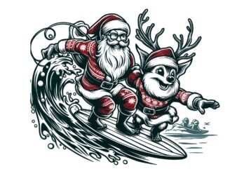 Christmas Santa Surfing With Deer