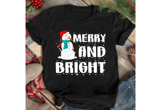 Merry And Bright Christmas T-shirt Design,Christmas SVG ,Christmas PNG ,CHristmas SUblimation, Christmas T-shirt Design BUndle