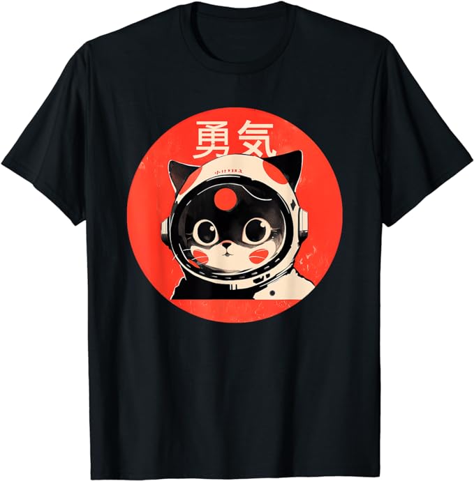 Space Cat Courage Japanese Retro Kawaii Cute Astronaut Cat T-Shirt