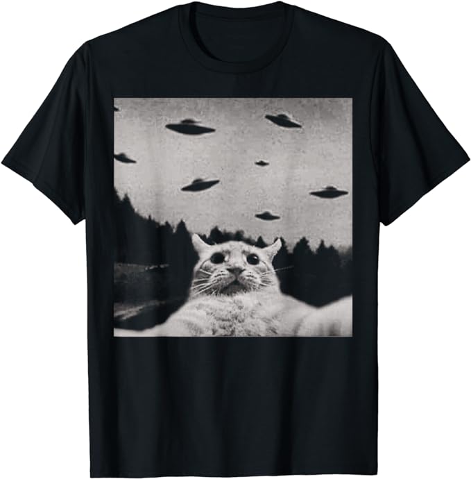 ThreadWeird Alien Cat UFO T-Shirt – Classic Fit, Round Neck, Black, Adult