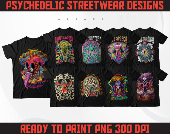 Psychedelic streetwear designs | t-shirt designs bundle | streetwear designs | aesthetic design | shirt designs | graphics shirt | dtf | dtg