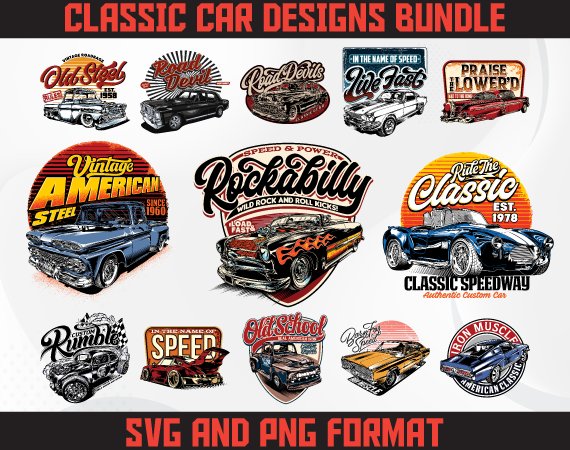 Classic car designs bundle | car poster design | vintage car design |jdm design | t-shirt pod design | car streetwear design | dtg | dtf