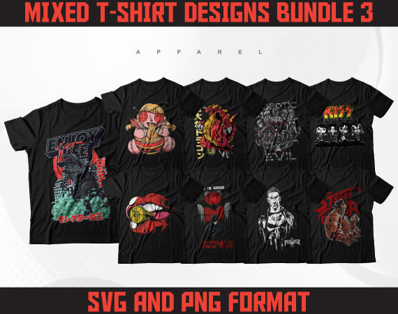 Mixed t-shirt designs bundle 3 | anime designs bundle | streetwear designs | cartoon streetwear designs bundle | super hero designs