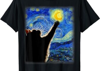 Van Gogh Starry Night Cat T-Shirt – Classic Fit, Cat Lover Mom Dad Gift, Black Crew Neck