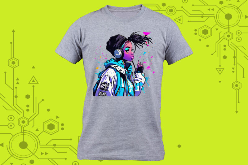 Charming Cyber Punk Lady Clipart Perfect for Stylish T-Shirt Design expertly crafted for Print on Demand websites