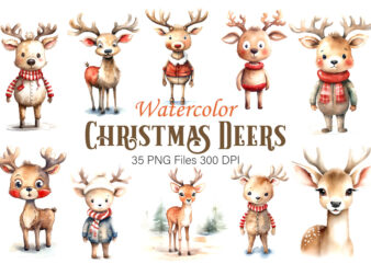 Watercolor Christmas Deer. Clipart Bundle.