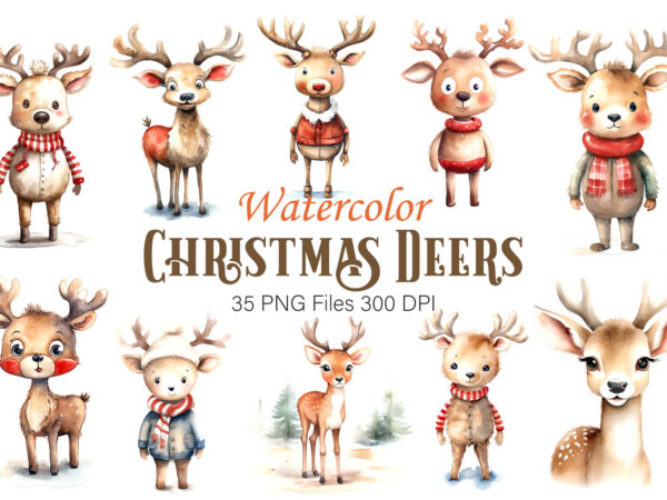 Watercolor christmas deer. clipart bundle. t shirt design for sale